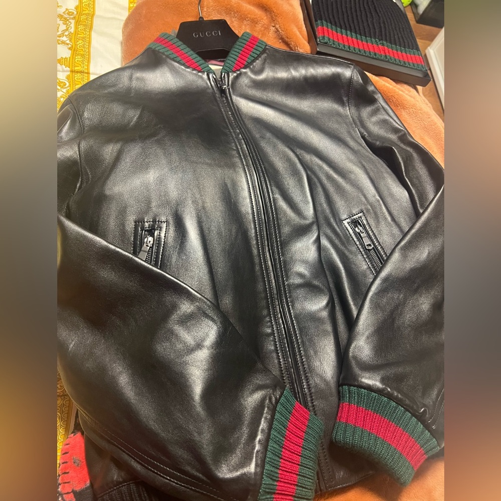 Gucci Black Leather Bomber Jacket